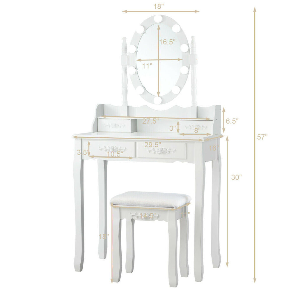 Makeup Dressing Table with Lighted Mirror & Stool - White