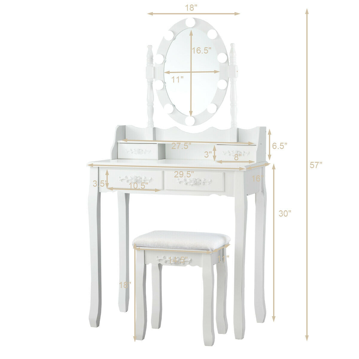 Makeup Dressing Table with Lighted Mirror & Stool - White