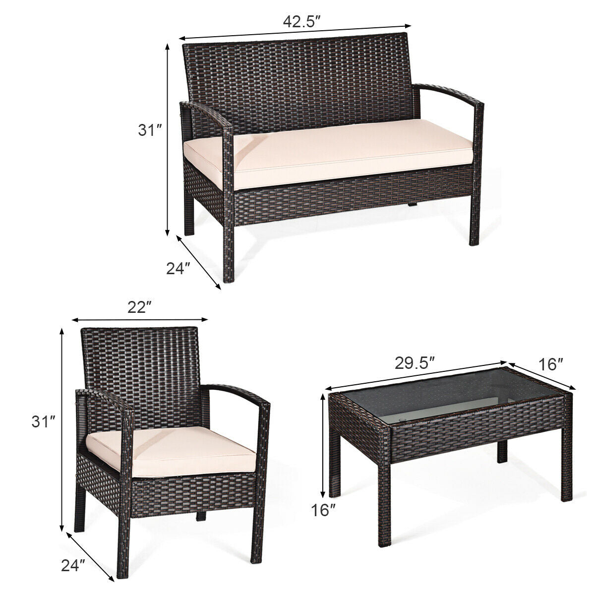 4 Pieces Patio Rattan Conversation Set with Loveseat Sofas and Coffee