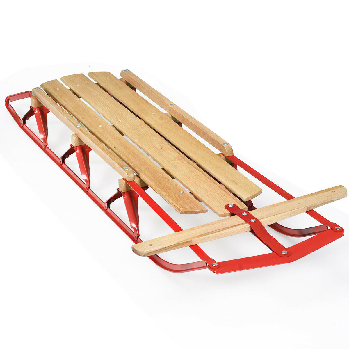 Red 54 Inch Wooden Snow Sled with Metal Runners & Steering Bar - Kids & Adults
