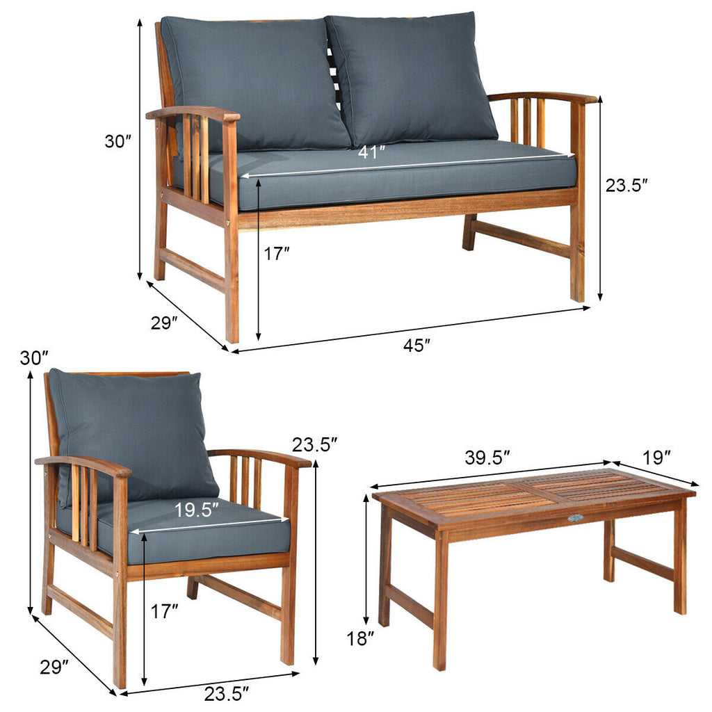 4-Piece Wooden Patio Sofa Set with Cushions - Gray
