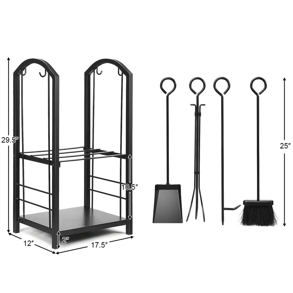 Fireplace Log Rack with 4 Tools and 2 Shelves - Black