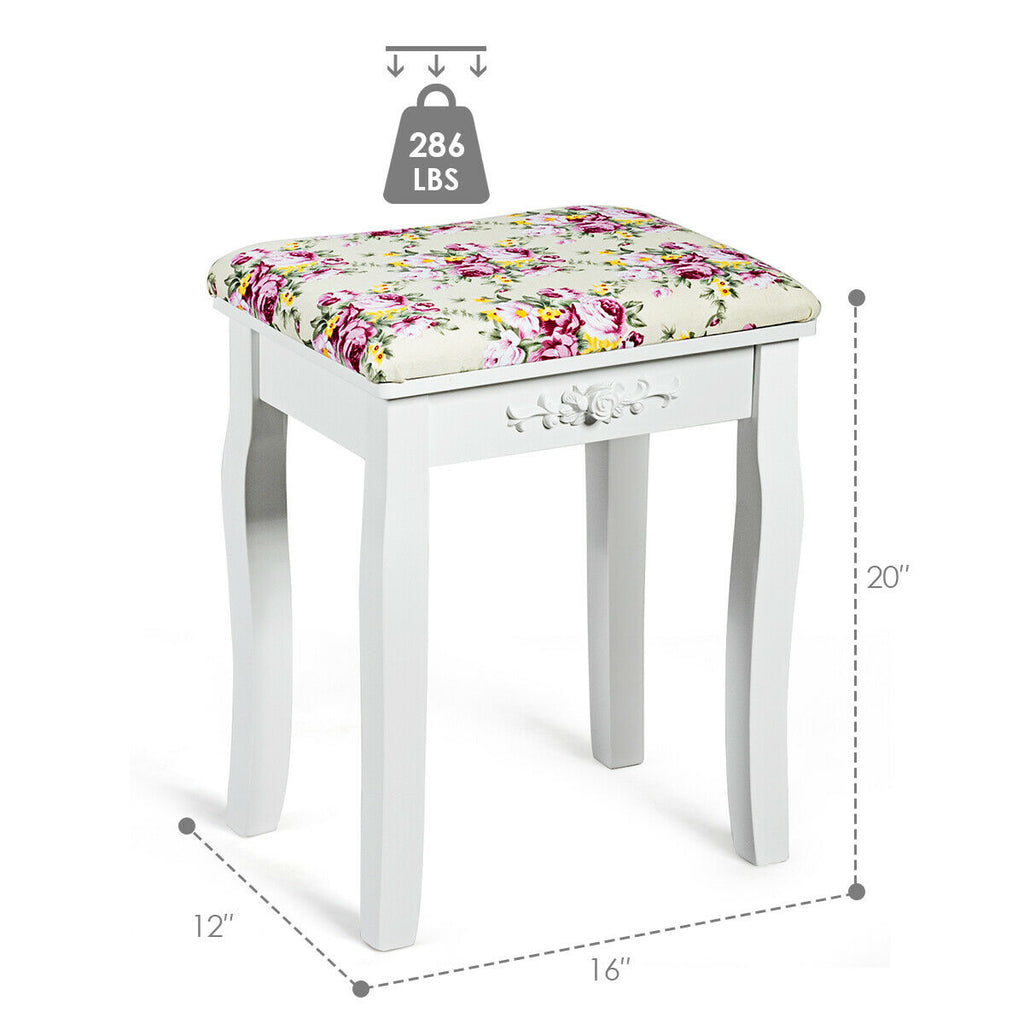 Vanity Wood Dressing Stool with Rose Cushion - White