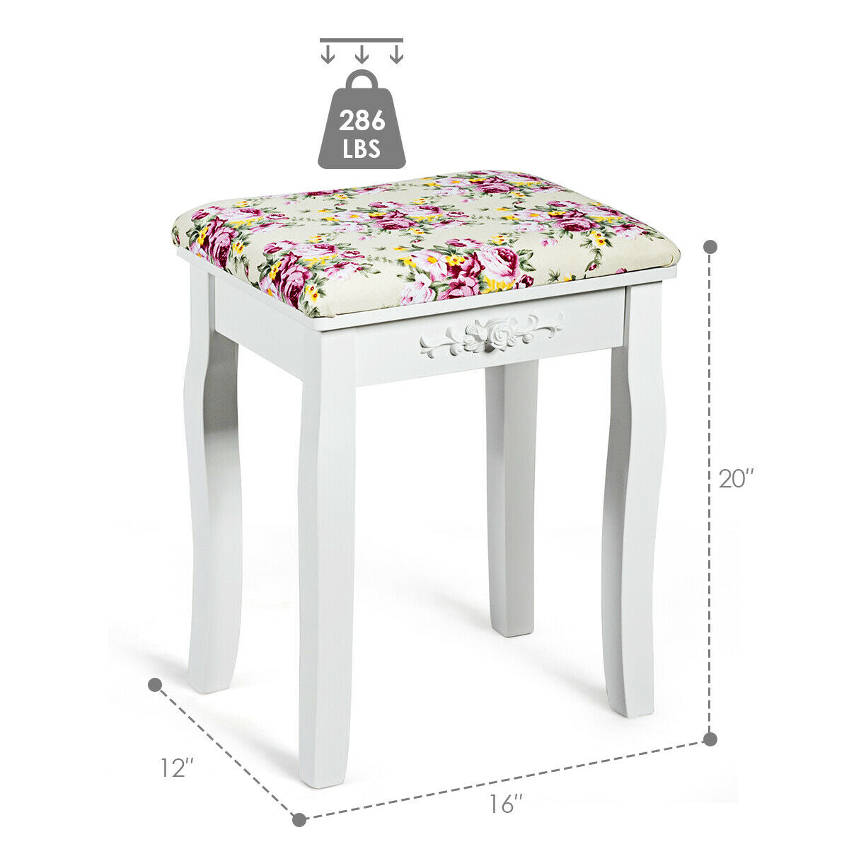 Vanity Wood Dressing Stool with Rose Cushion - White
