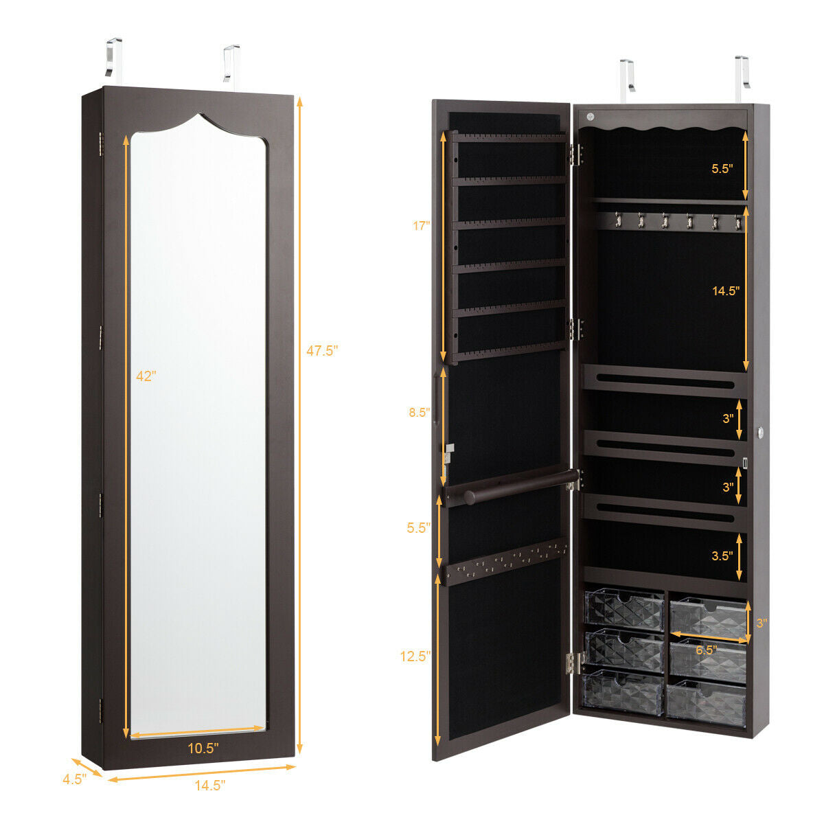 Door Hanging Jewelry Armoire with Full Length Mirror - Brown, 6 LEDs