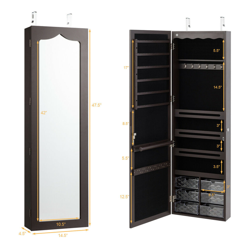 Door Hanging Jewelry Armoire with Mirror & LED Lights - Brown