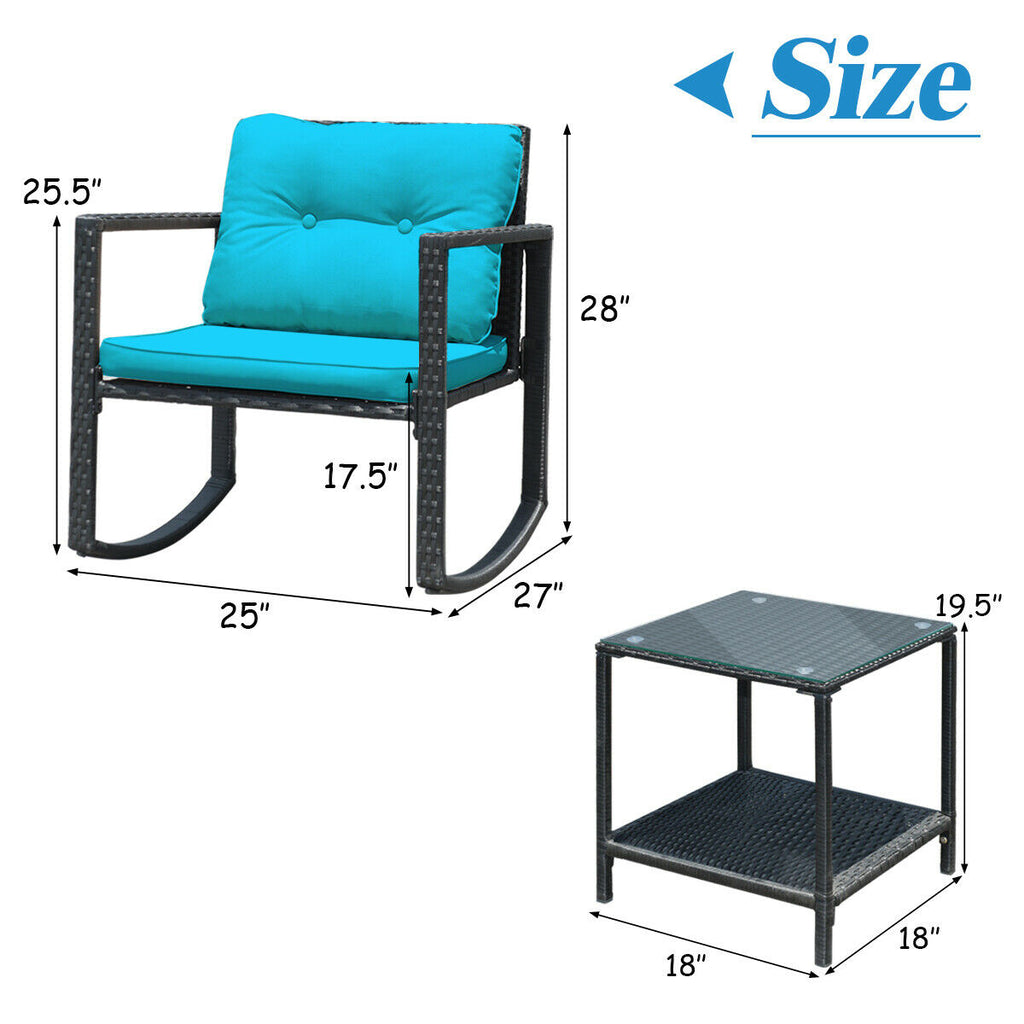 3 Pieces Cushioned Patio Rattan Set with Rocking Chair and Table