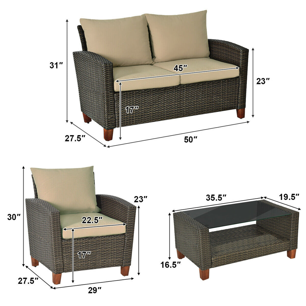 4-Piece Patio Rattan Furniture Set with Cushions