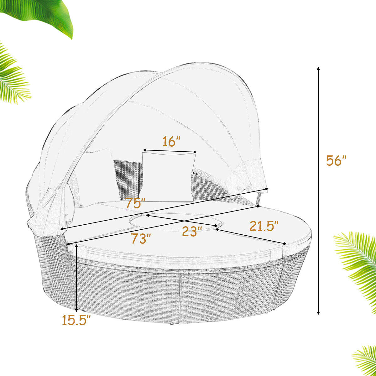 Patio Round Rattan Daybed with Retractable Canopy and Height