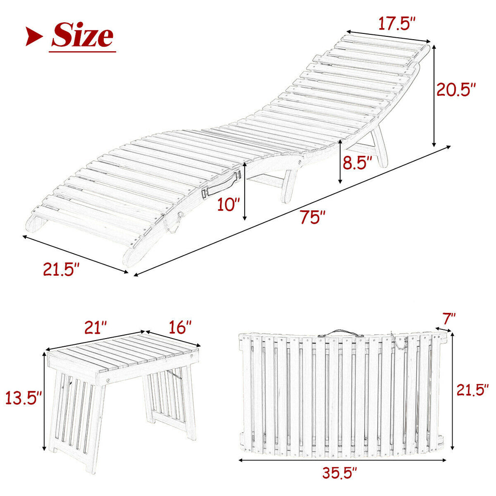 3 Pieces Folding Patio Eucalyptus Wood Lounge Chair Set with Foldable