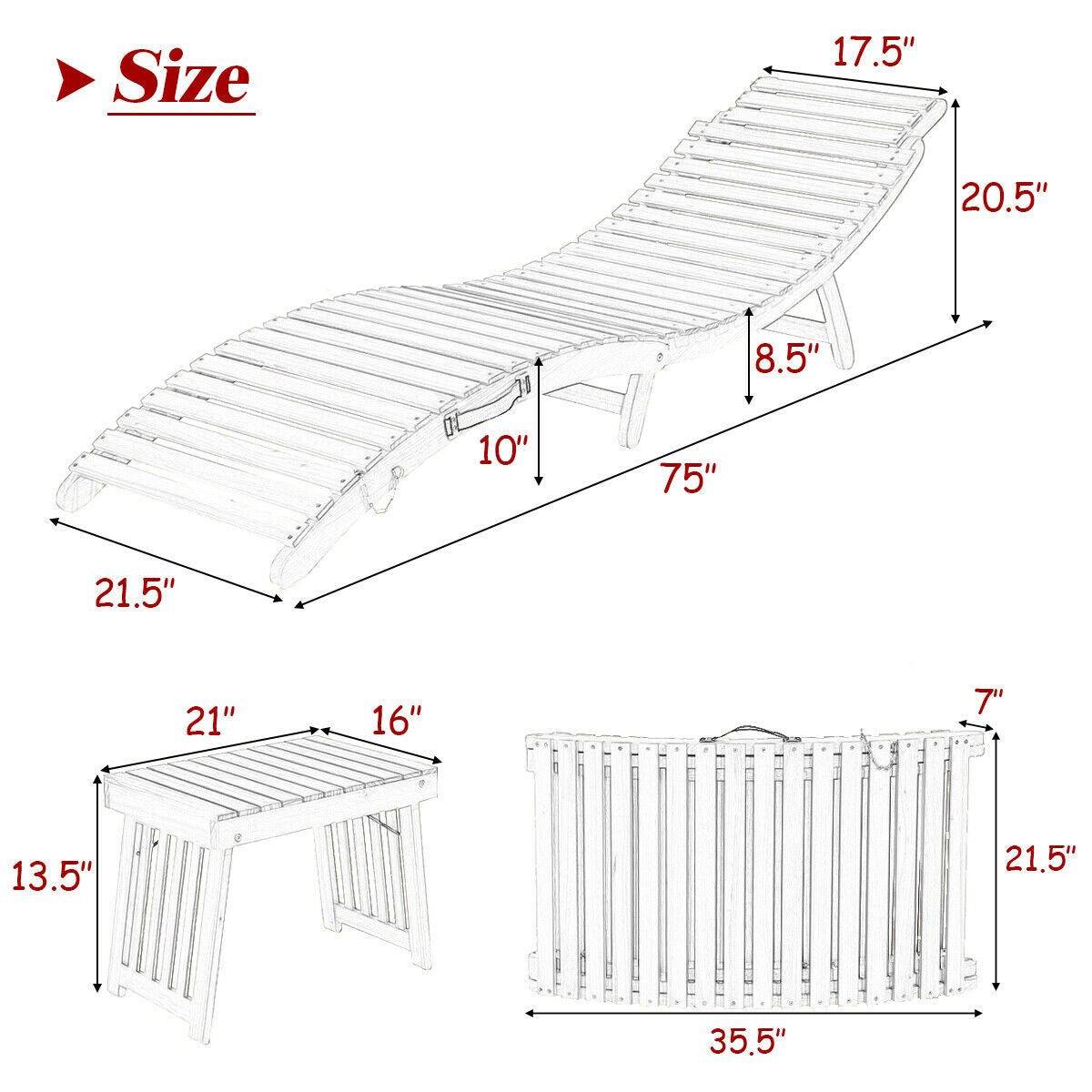 3 Pieces Folding Patio Eucalyptus Wood Lounge Chair Set with Foldable