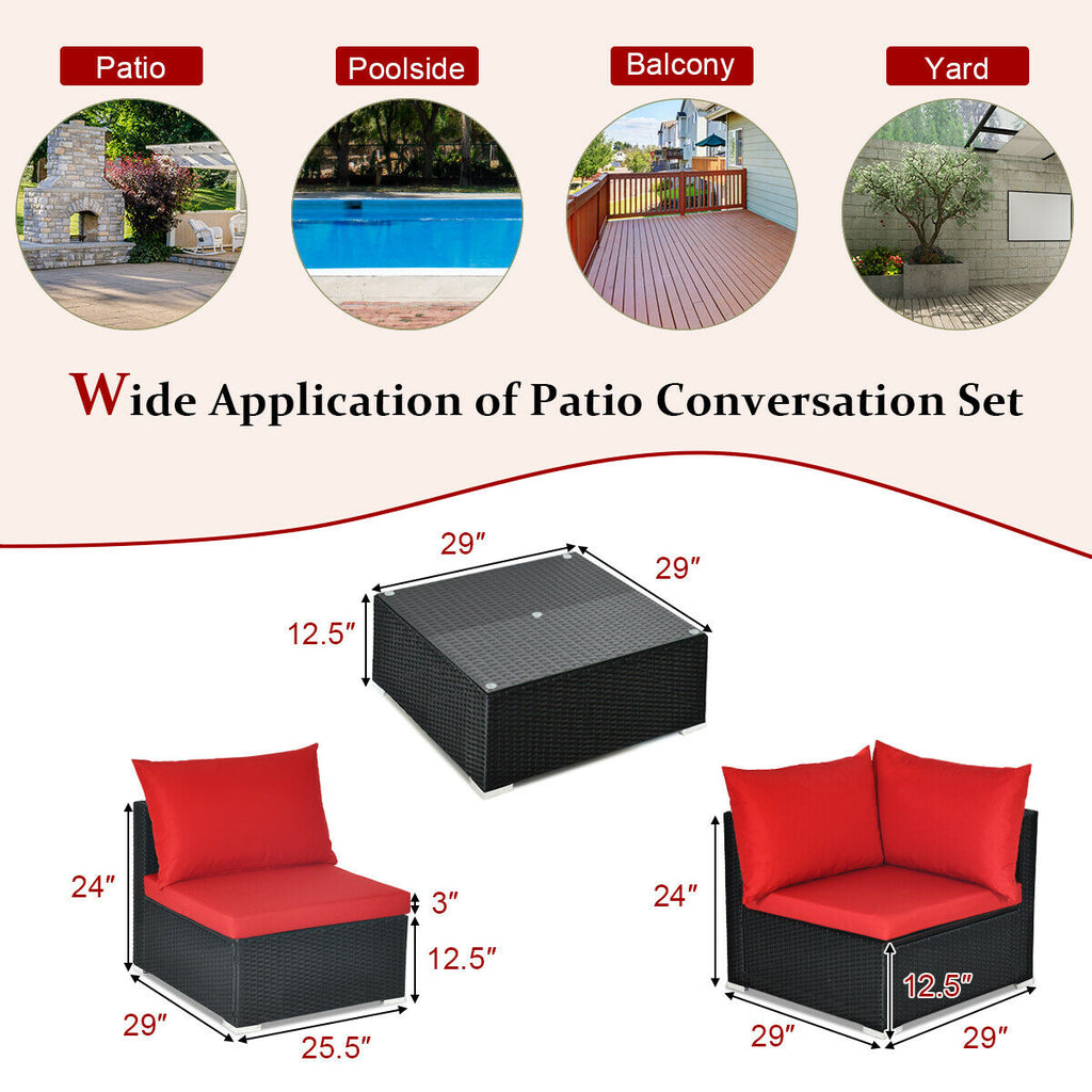 7-Piece Sectional Wicker Sofa Set with Coffee Table - Black Rattan, Red