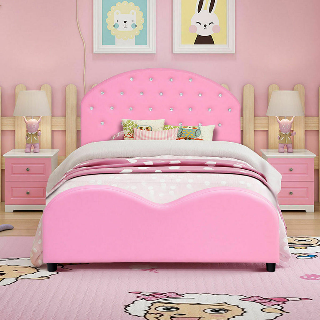 Twin Size Upholstered Toddler Bed with Wood Slat Support and Diamonds Variation