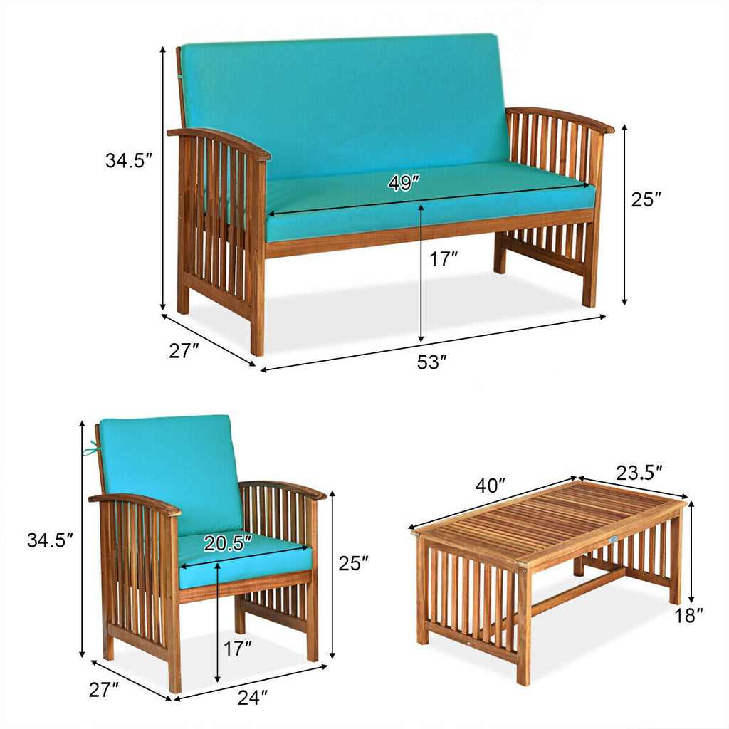4-Piece Acacia Patio Furniture Set with Cushions - Style 2, Blue