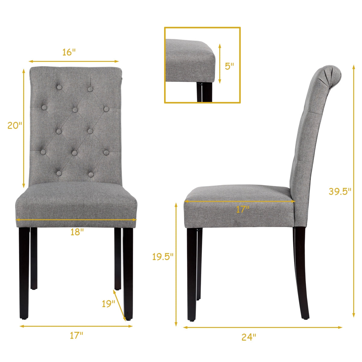 Tufted Dining Chair Set with Linen Fabric - Gray, 2-Pack