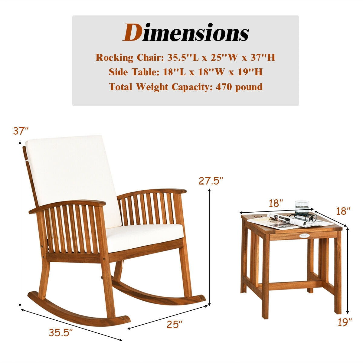 Acacia Wood Patio Rocking Chair Table Set - 2 Piece