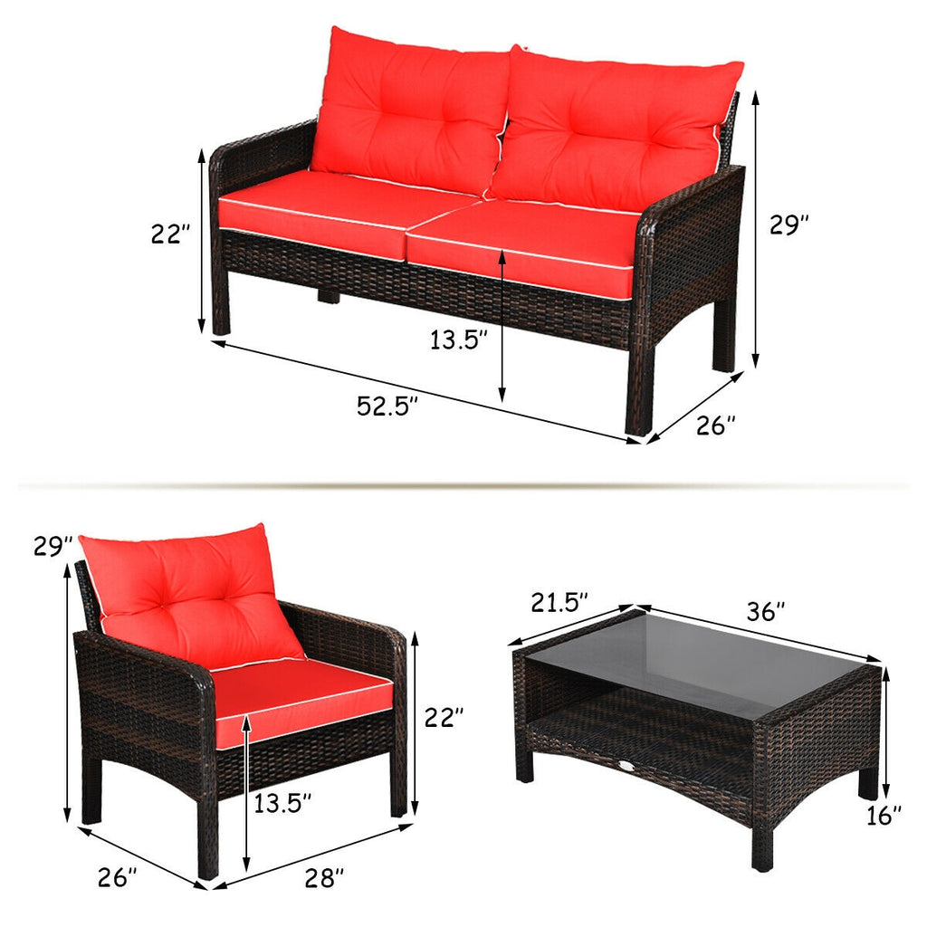 4-Piece Patio Rattan Sofa Set with Coffee Table - Red
