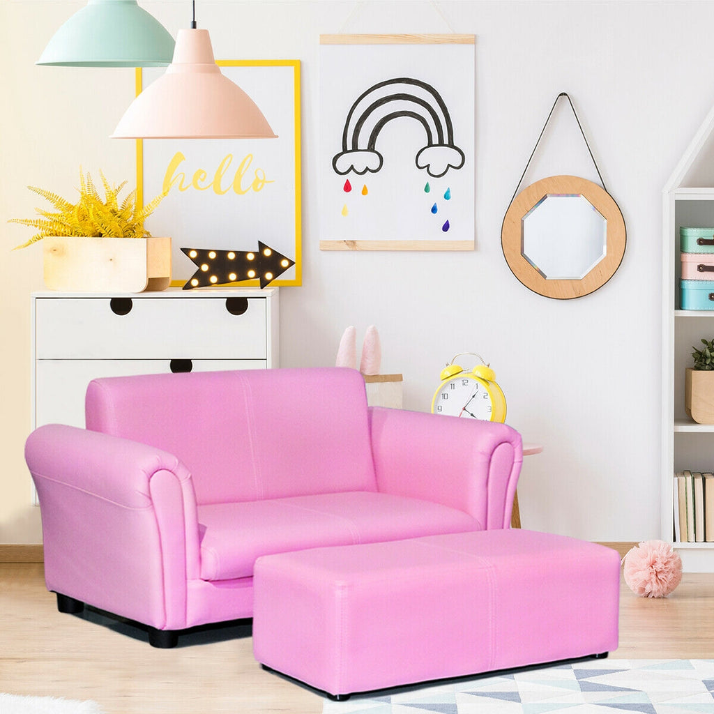 Pink Kid's Double Couch Lounge Sofa with Ottoman - Childrens Play & Sleep
