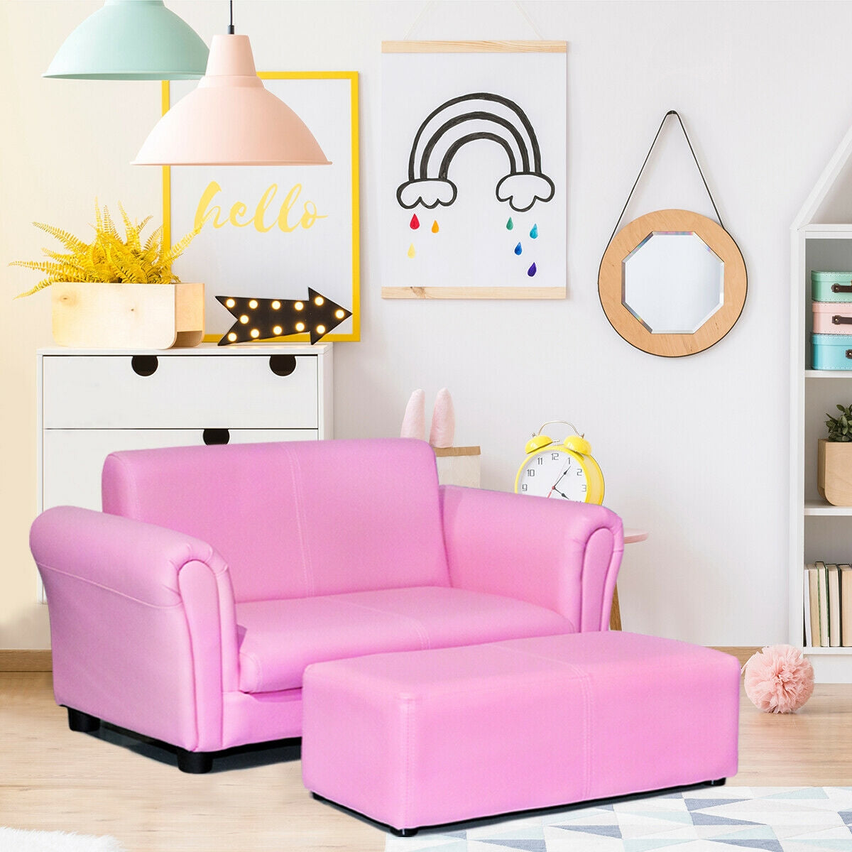 Pink Kid's Double Couch Lounge Sofa with Ottoman - Childrens Play & Sleep