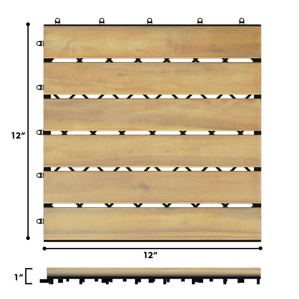 Interlocking Acacia Wood Floor Tiles - Stripe Pattern, 10 Pack, 12x12 Inch