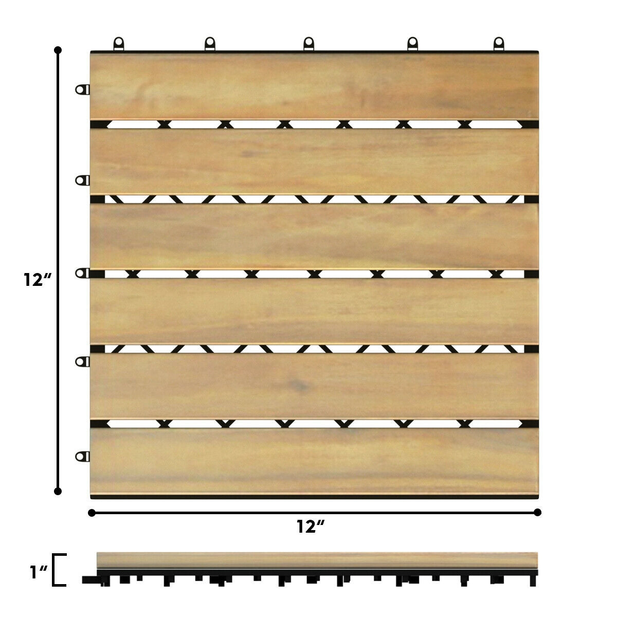 Interlocking Acacia Wood Floor Tiles - Stripe Pattern, 10 Pack, 12x12 Inch