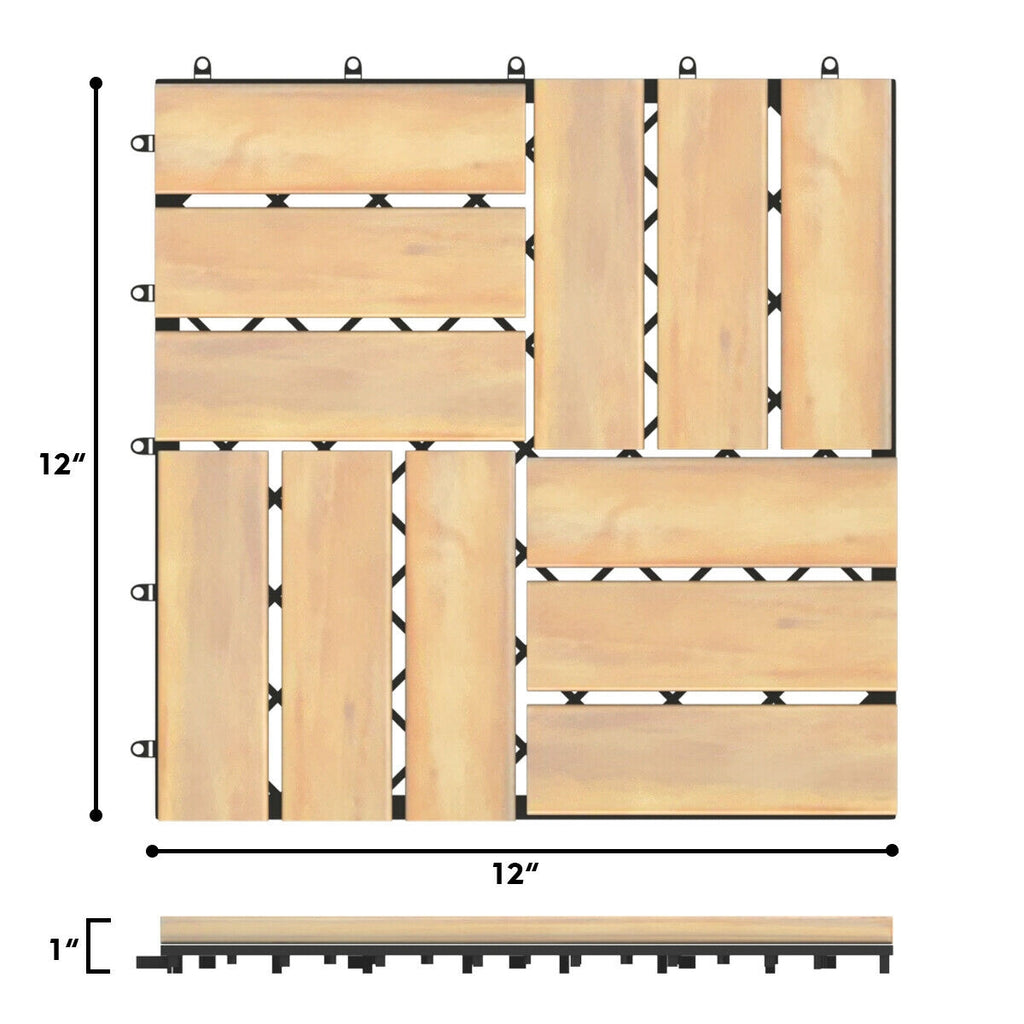 Checker Pattern Acacia Wood Interlocking Deck Tiles - 12x12 Inch, 10 Pack