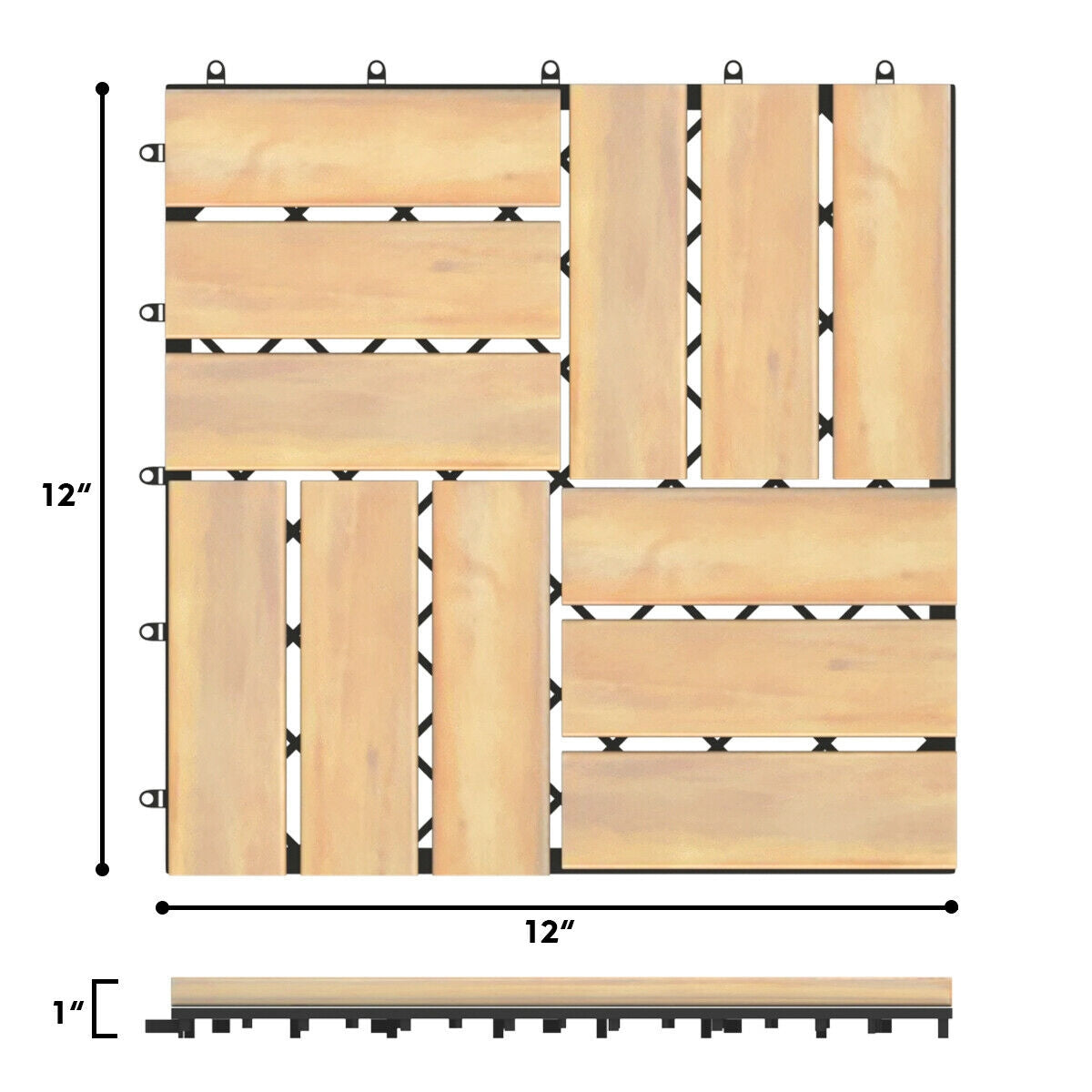 Checker Pattern Acacia Wood Interlocking Deck Tiles - 12x12 Inch, 10 Pack