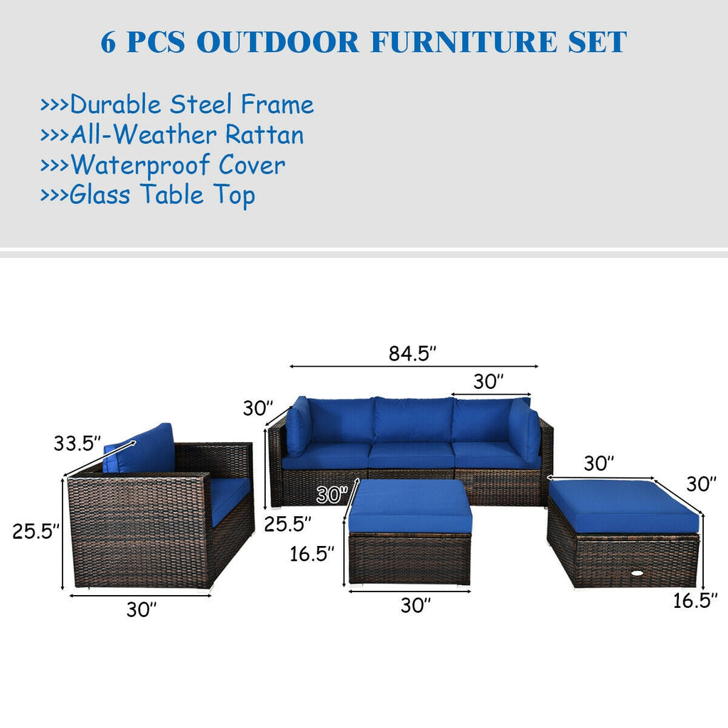 6-Piece Patio Rattan Sectional Set with Cushions - Blue