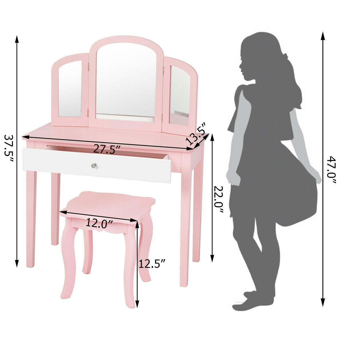 Kids Vanity Dressing Table with Tri-Fold Mirror and Chair - Pink, No Lights & Mirror
