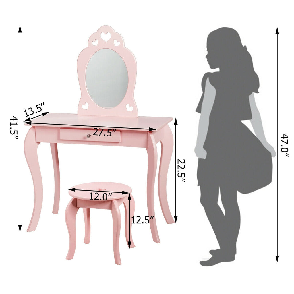Kids Princess Makeup Dressing Play Table Set with Mirror - Pink