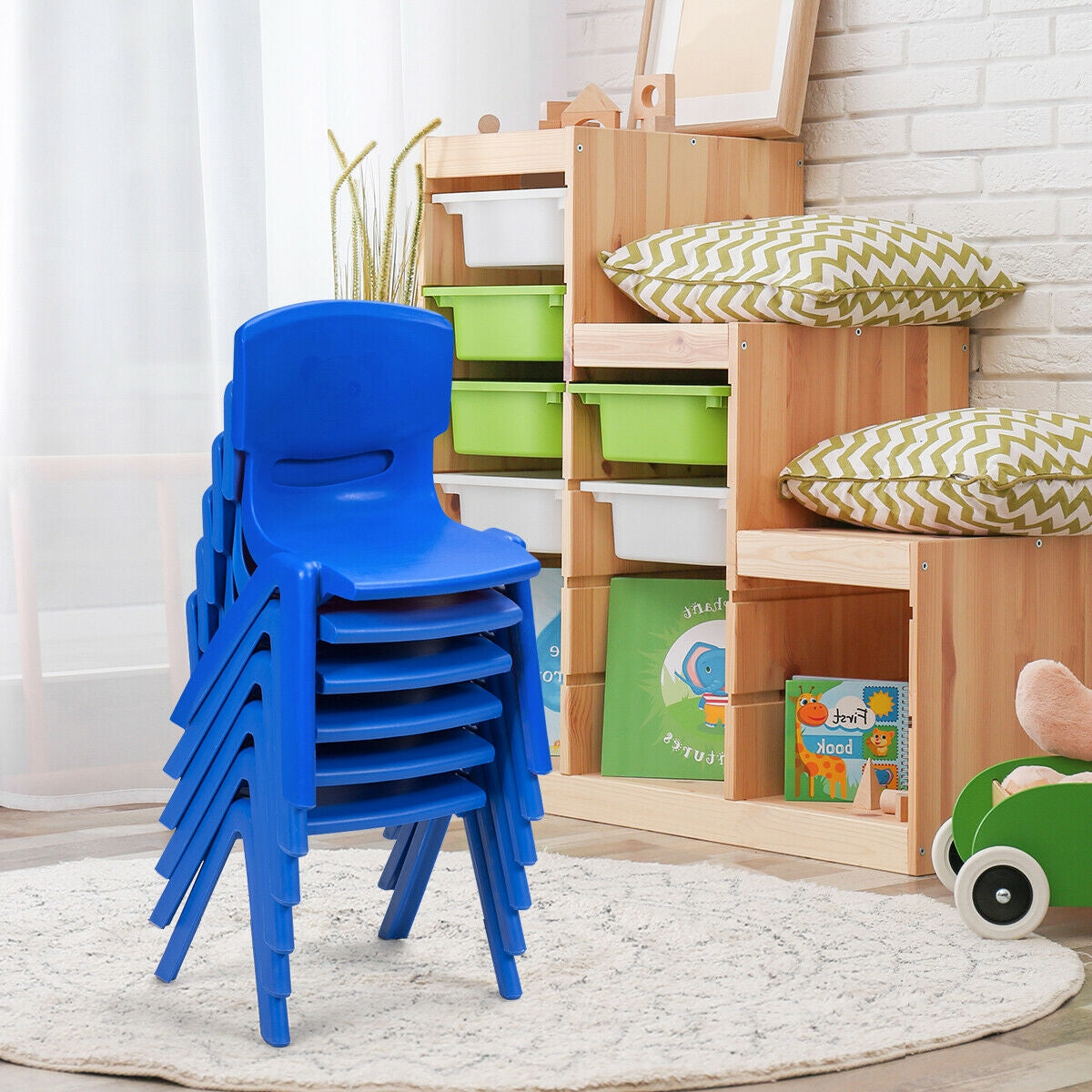 Kids Plastic Stackable Classroom Chairs - Set of 6, Blue, Kid-Sized, Indoor & Outdoor Use