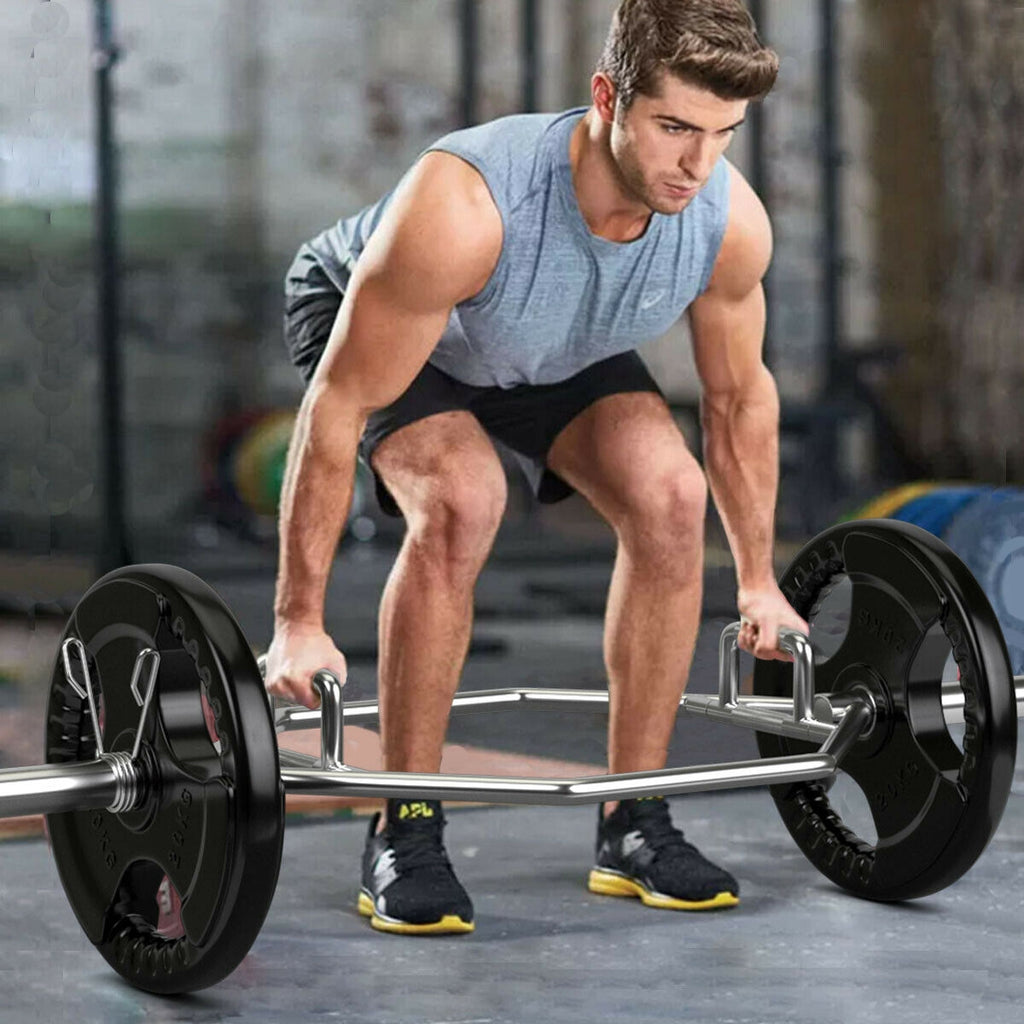 56 Inch Olympic Hexagon Deadlift Trap Bar with Folding Grips for 2-Inch Plates - Silver