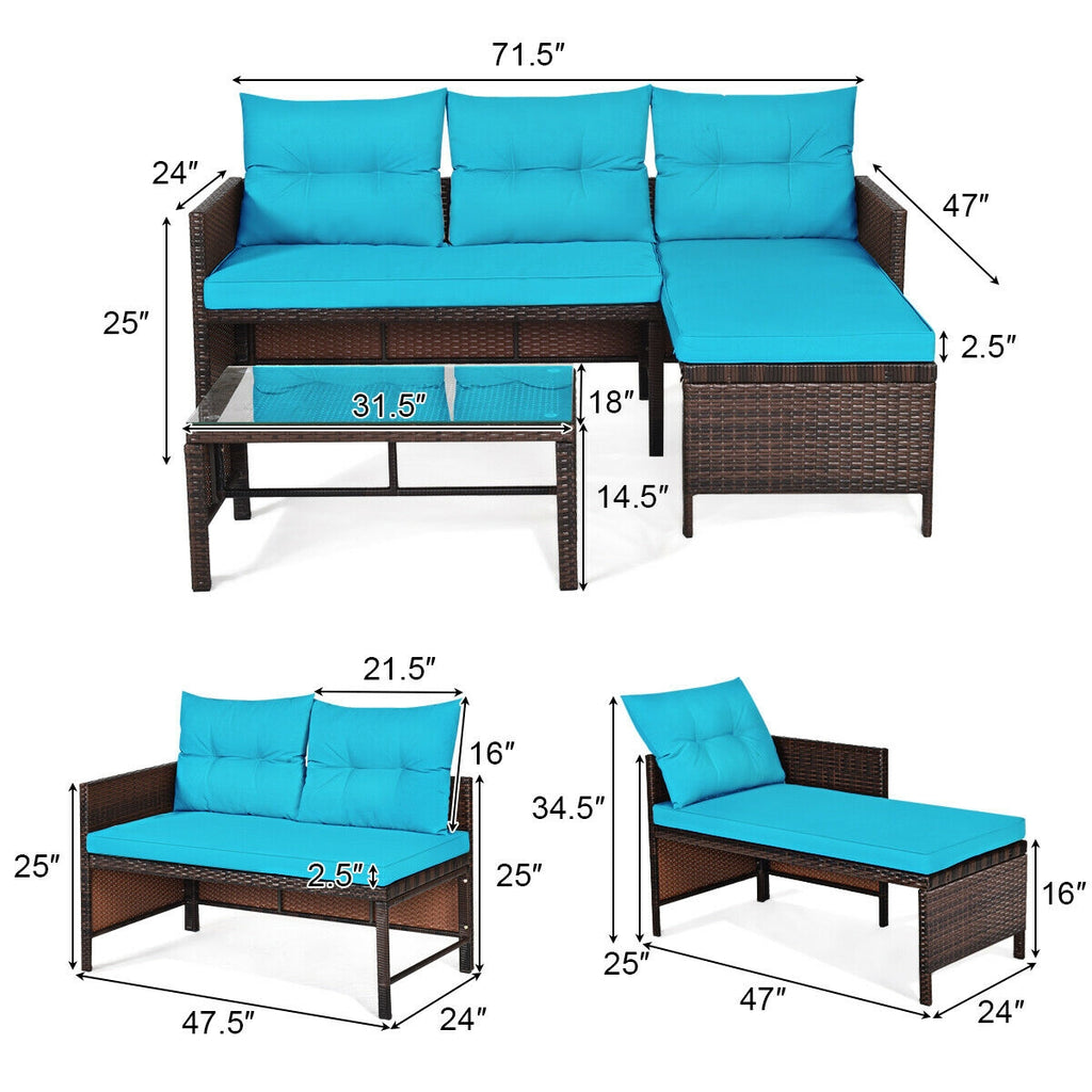 Outdoor Rattan Corner Sectional Sofa Set with Glass Table - Turquoise