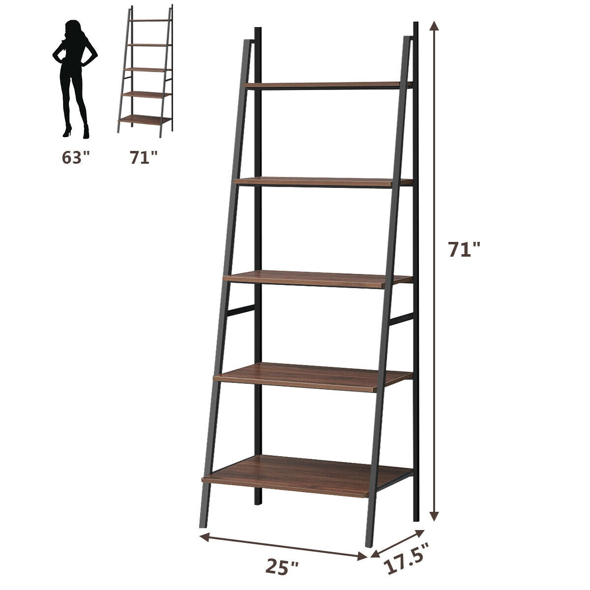 5-Tier Leaning Bookshelf Wood Metal Bookcase