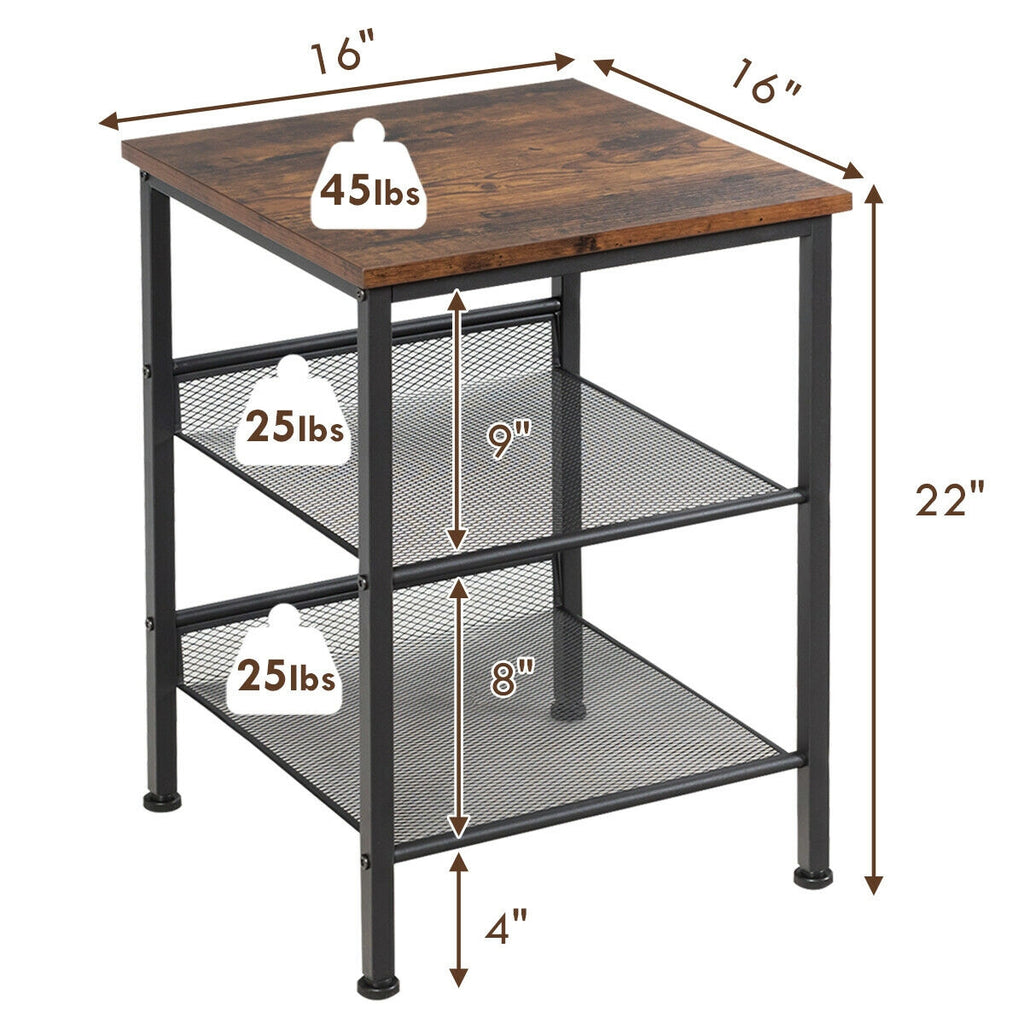 3-Tier Industrial End Table with Mesh Shelves – Adjustable
