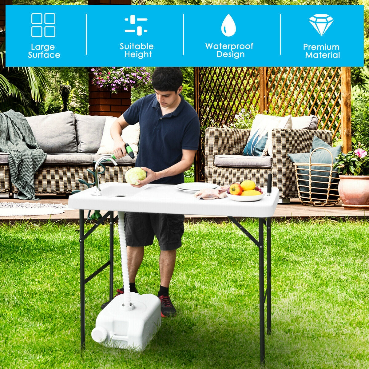 Folding Camping Sink Table with Faucet & Sprayer