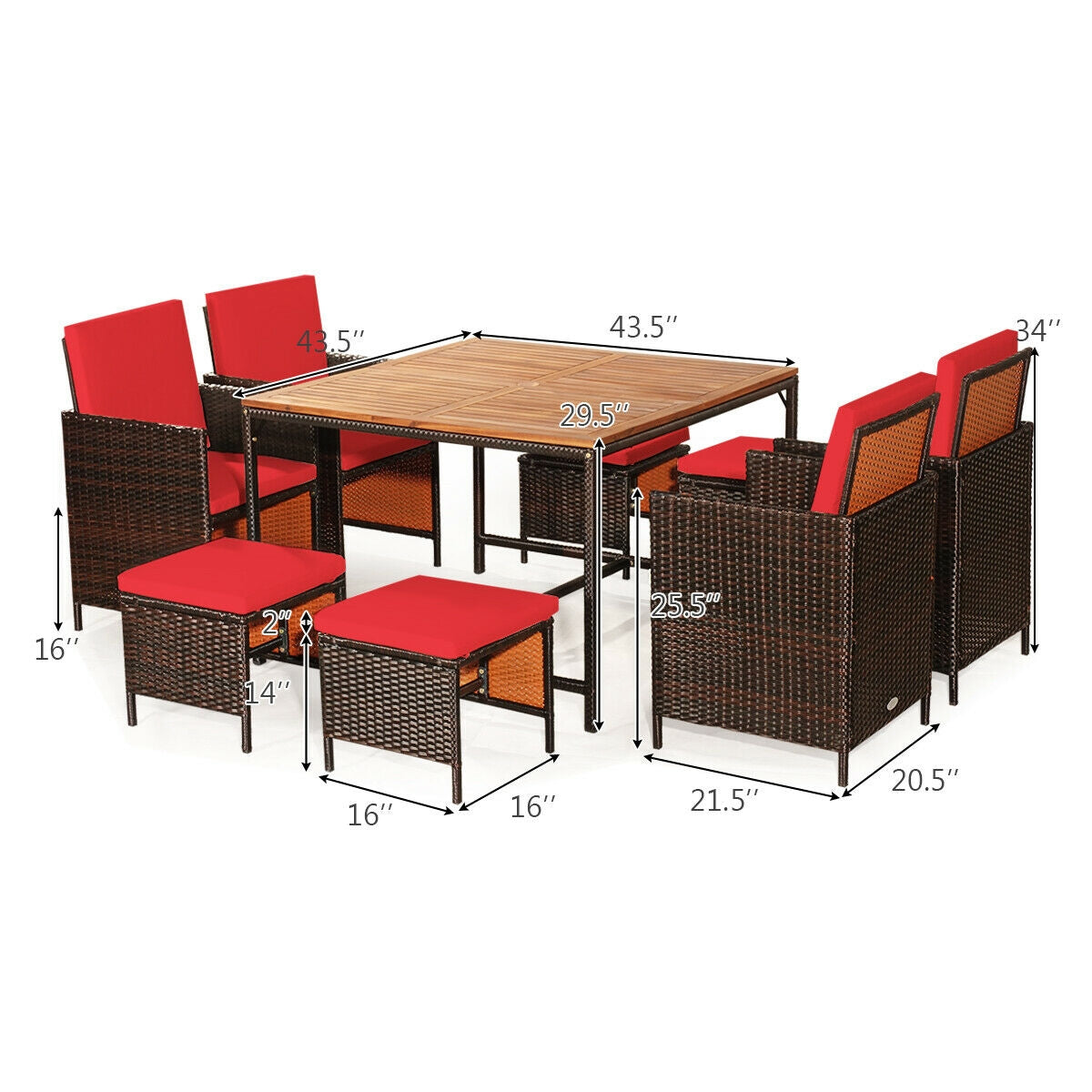 9 Pieces Patio Rattan Dining Cushioned Chairs Set
