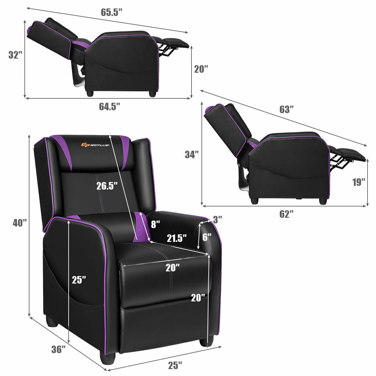 Gaming Recliner Chair with Massage & Footrest - Purple