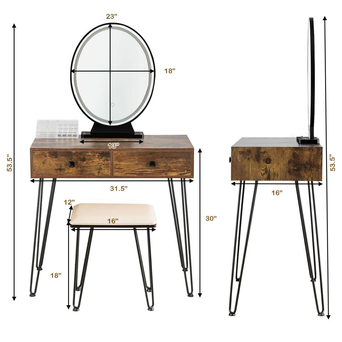 Makeup Dressing Table with LED Lighting - Rustic Brown