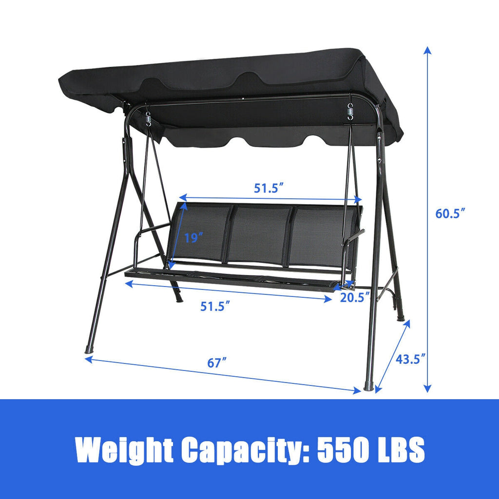 3-Person Patio Swing with Canopy – 50" x 16" Black
