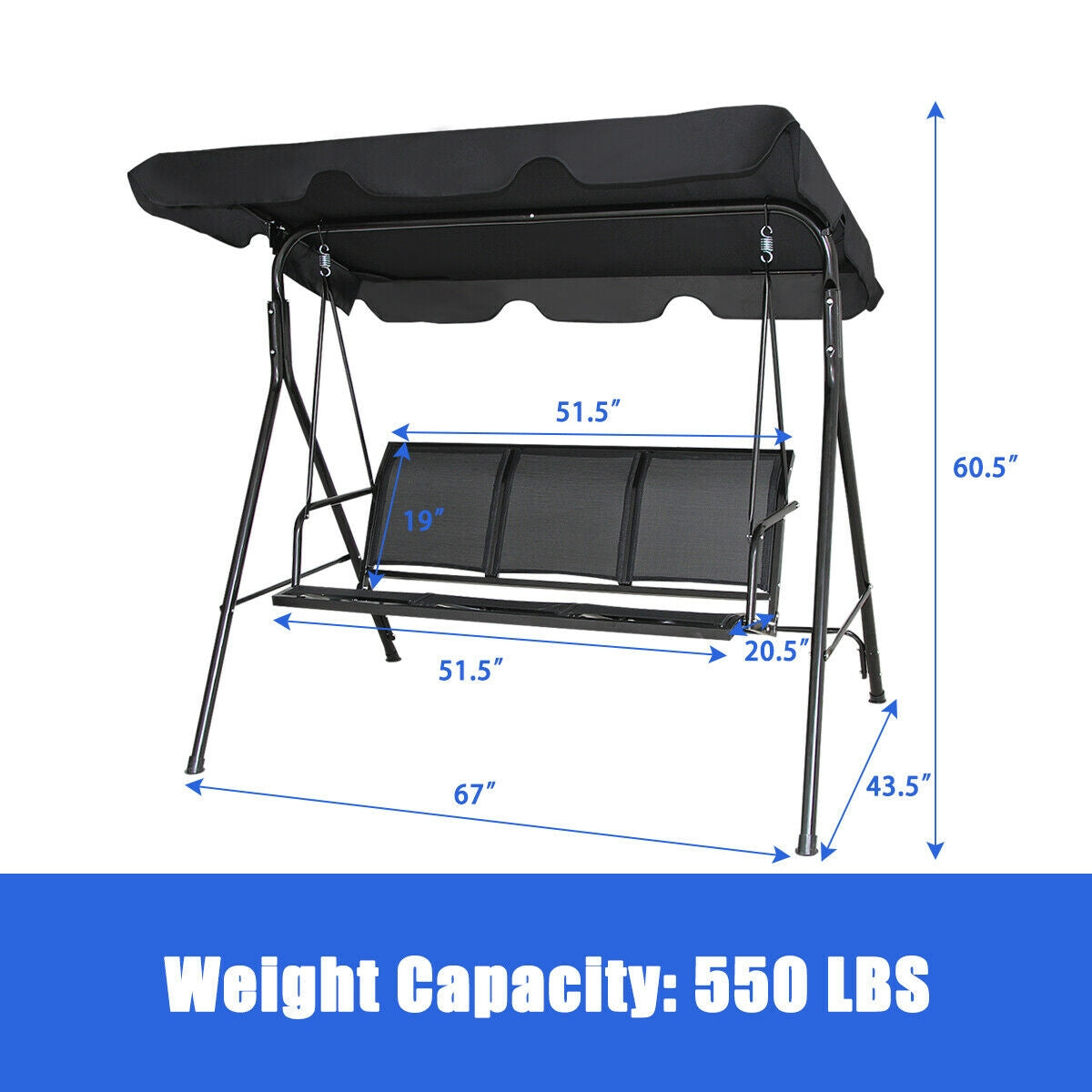 3-Person Patio Swing with Canopy – 50" x 16" Black
