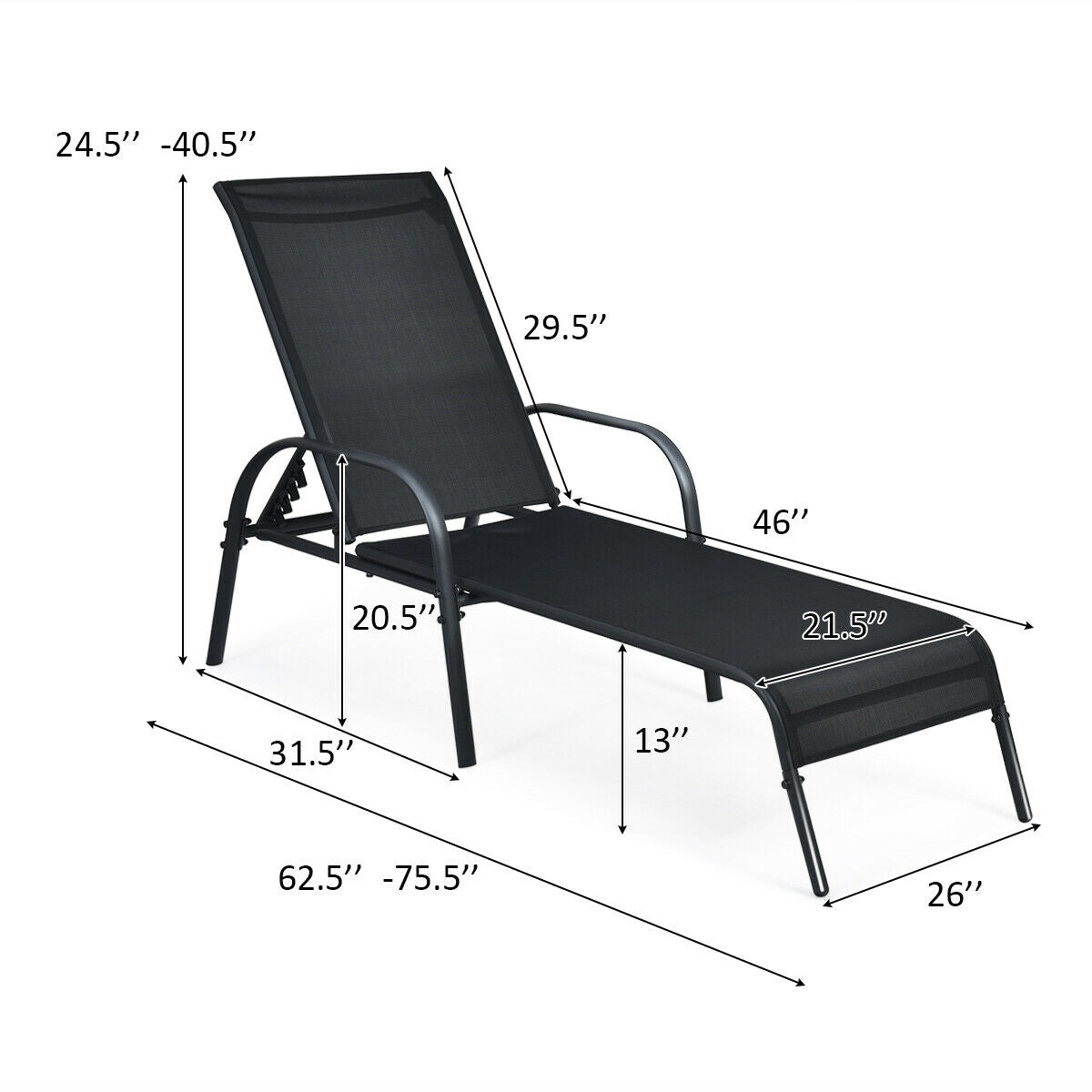Adjustable Patio Chaise Lounge Chair with Backrest - Black