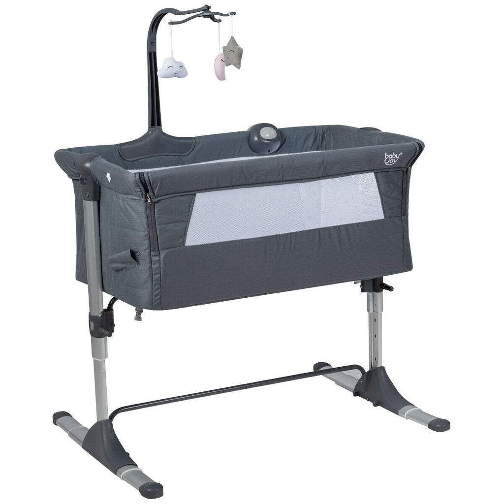 Height Adjustable Baby Side Crib with Music Box & Toys - Dark Gray
