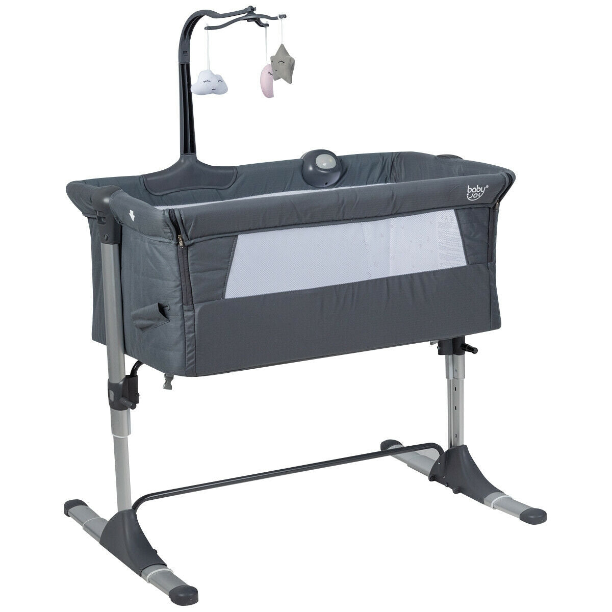 Height Adjustable Baby Side Crib with Music Box & Toys - Dark Gray