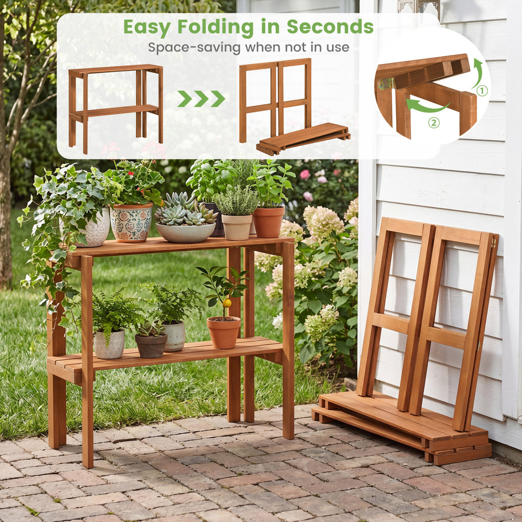 2/3-Tier Folding Wooden Storage Shelves for Entryway and Garden