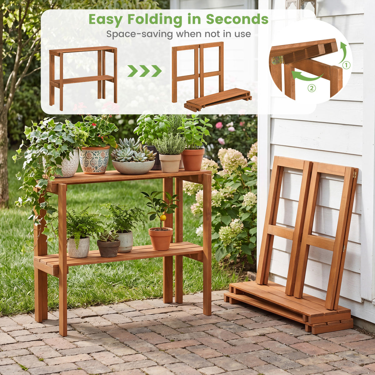 2/3-Tier Folding Wooden Storage Shelves for Entryway and Garden