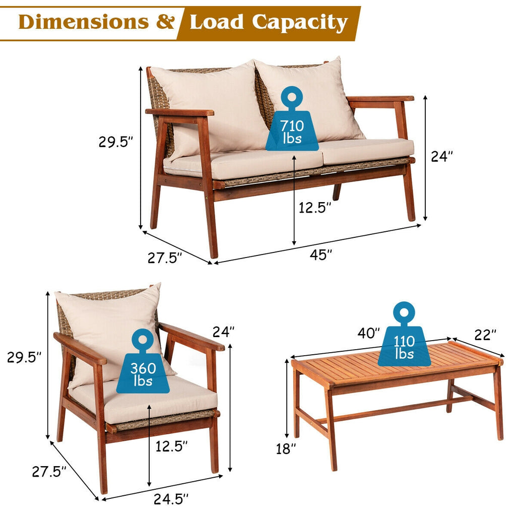 4-Piece Acacia Wood Patio Rattan Furniture Set with Cushions - Brown