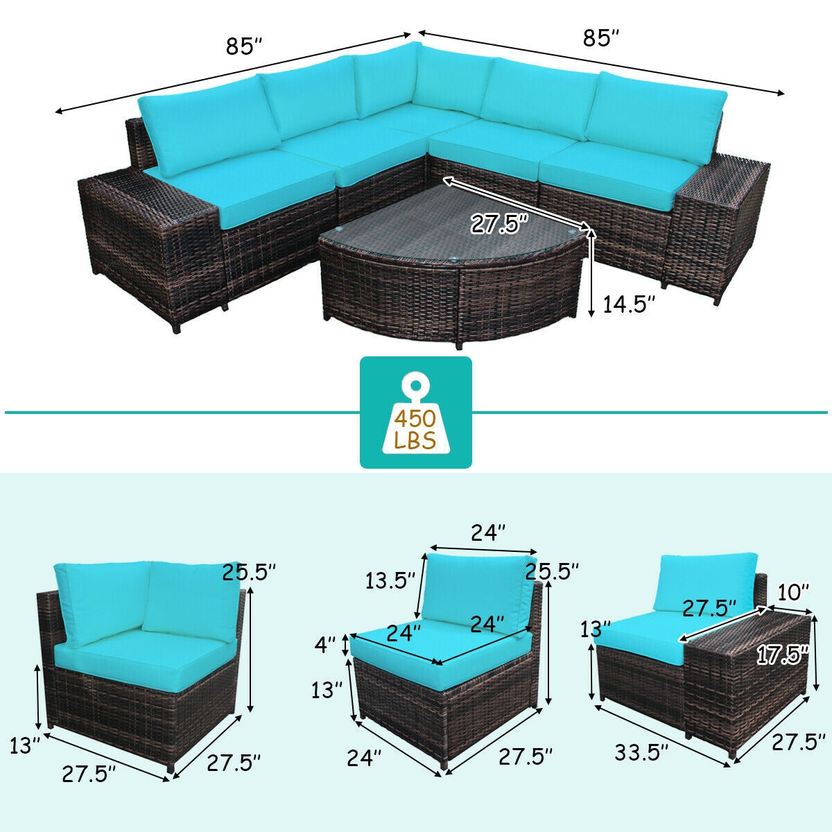 6 Piece Wicker Patio Sectional Sofa Set with Tempered Glass Coffee