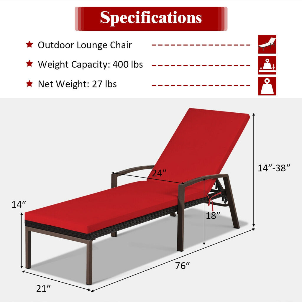 Outdoor Rattan Reclining Lounge Chair with Adjustable Backrest - Red