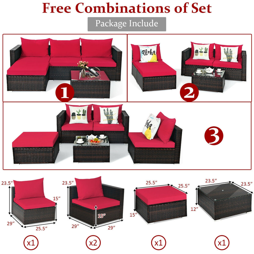 5 Pieces Patio Rattan Sectional Furniture Set with Cushions and